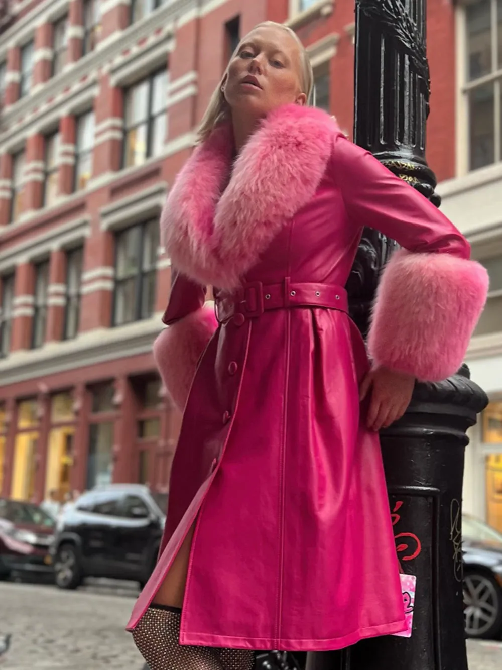 Foxy Leather Coat w/ Fox Fur In Fuchsia