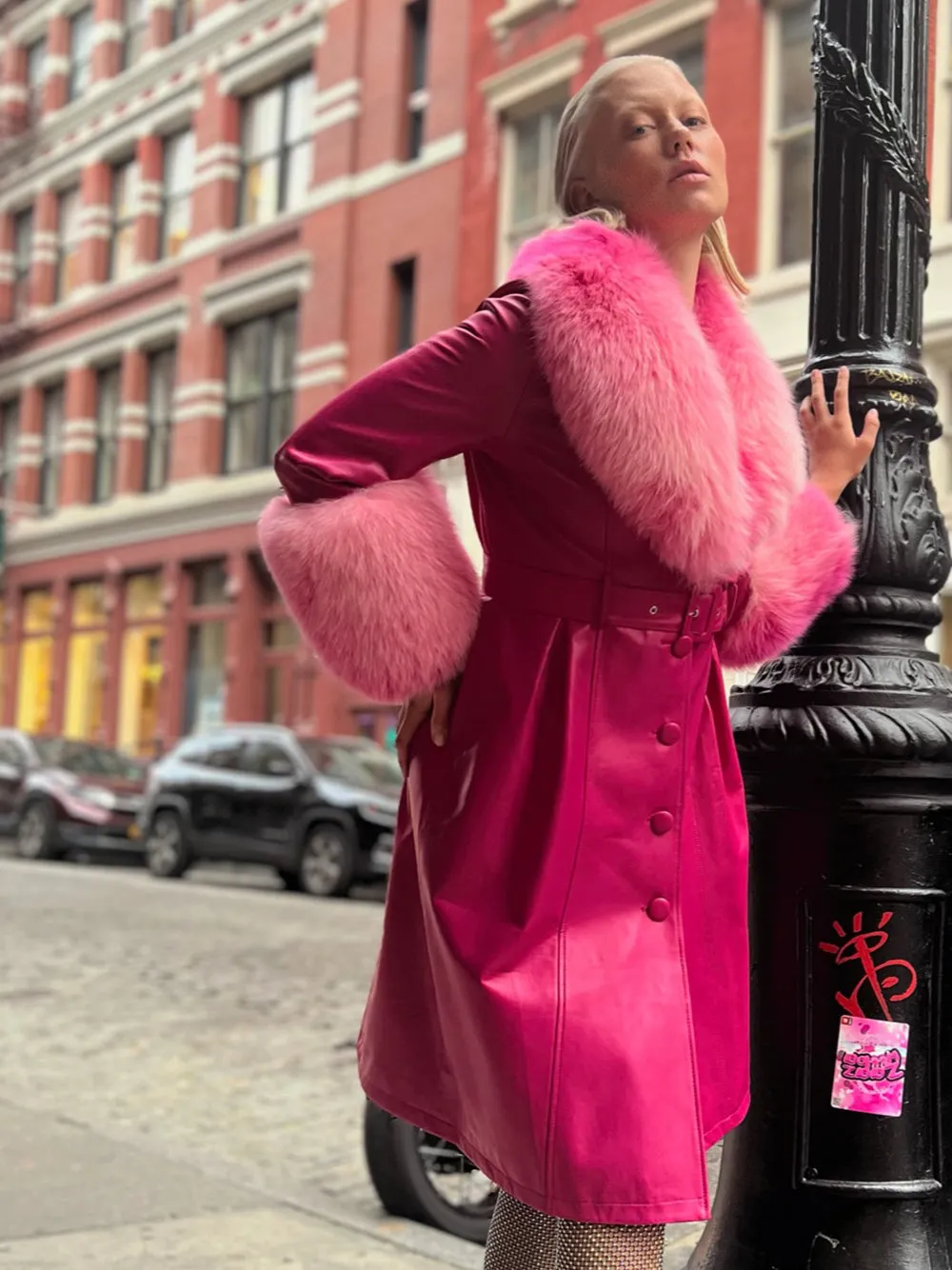 Foxy Leather Coat w/ Fox Fur In Fuchsia