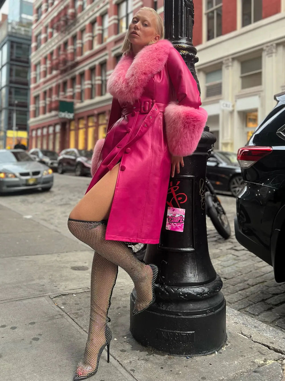 Foxy Leather Coat w/ Fox Fur In Fuchsia