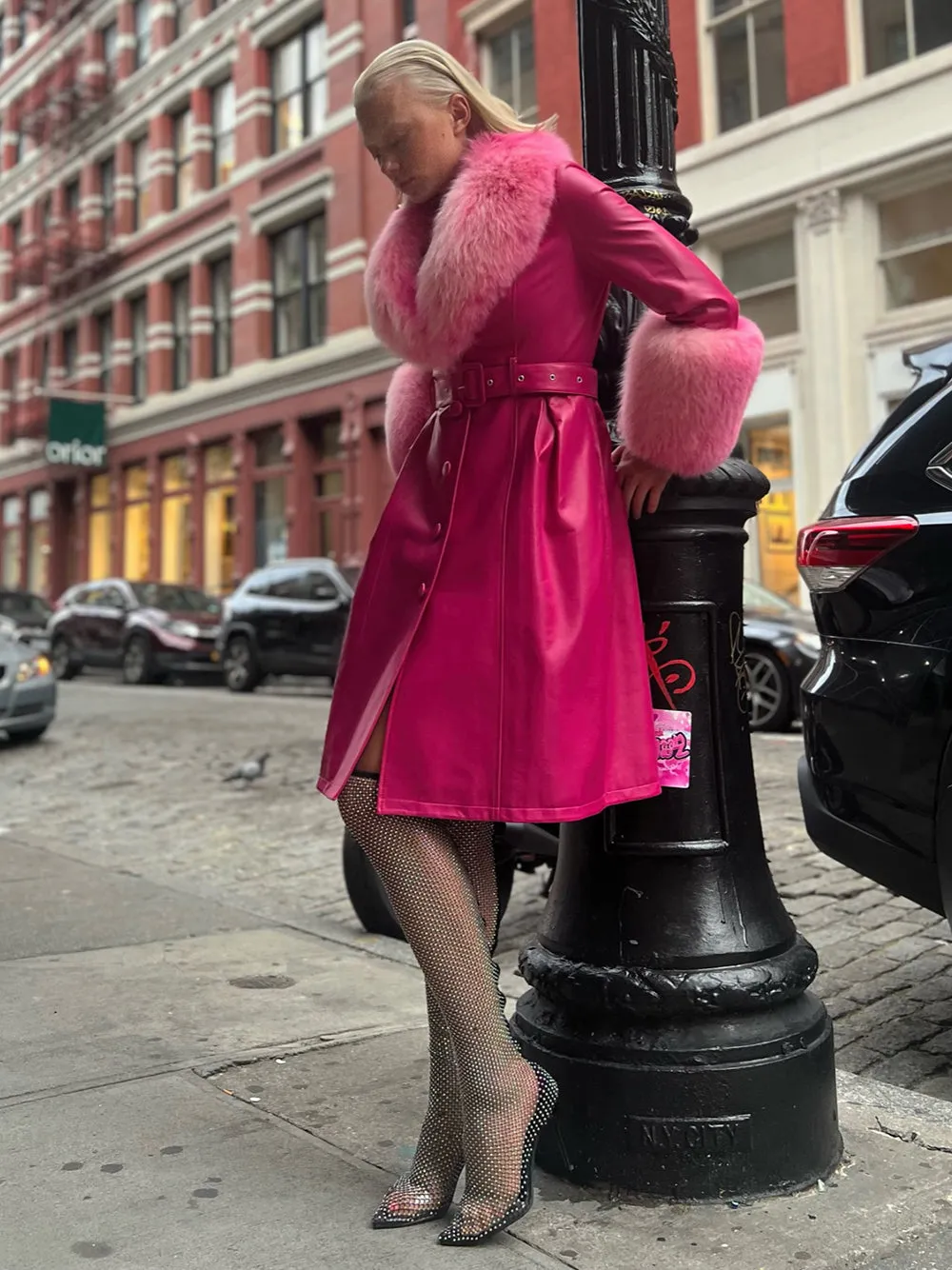 Foxy Leather Coat w/ Fox Fur In Fuchsia