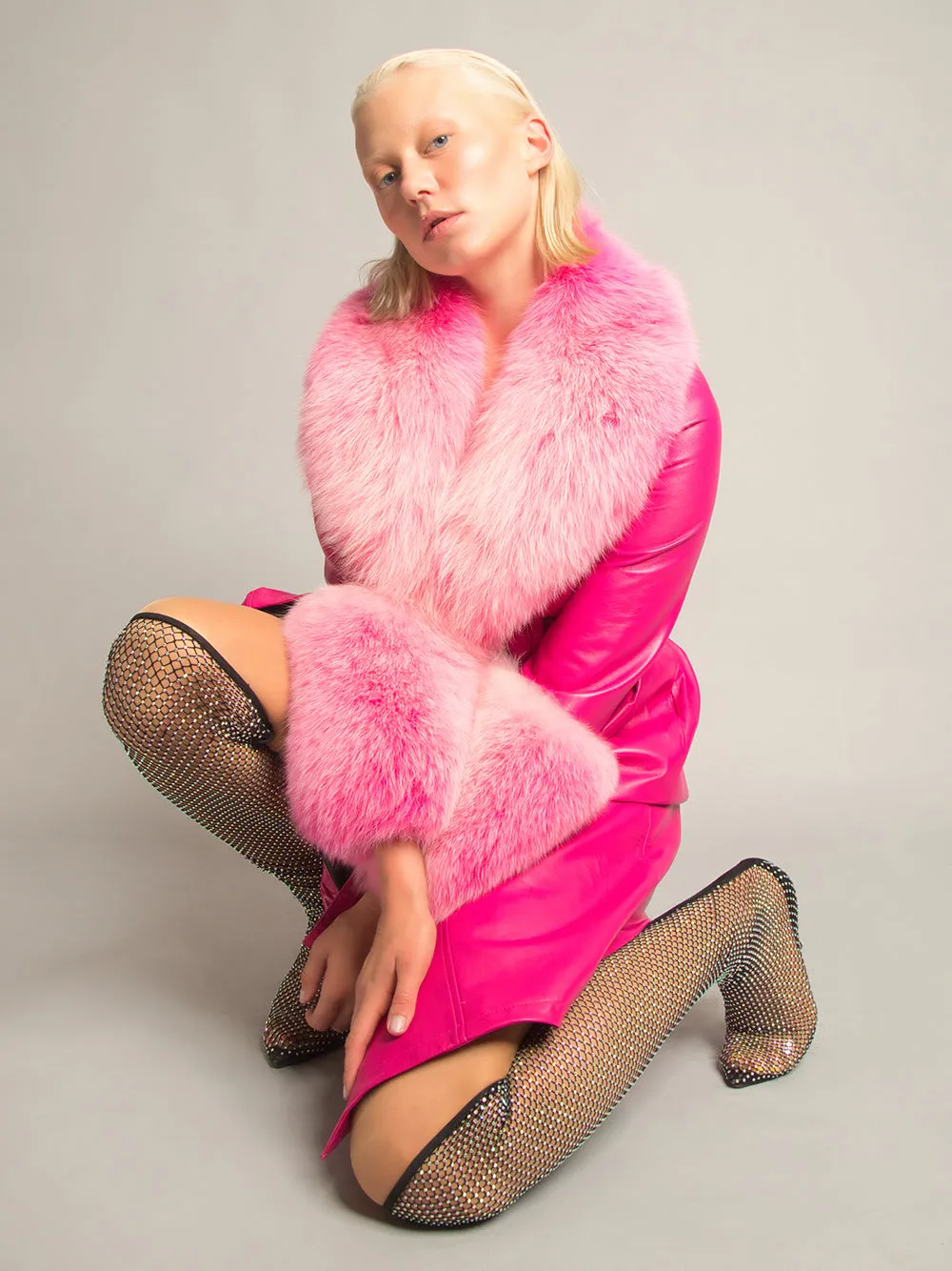 Foxy Leather Coat w/ Fox Fur In Fuchsia