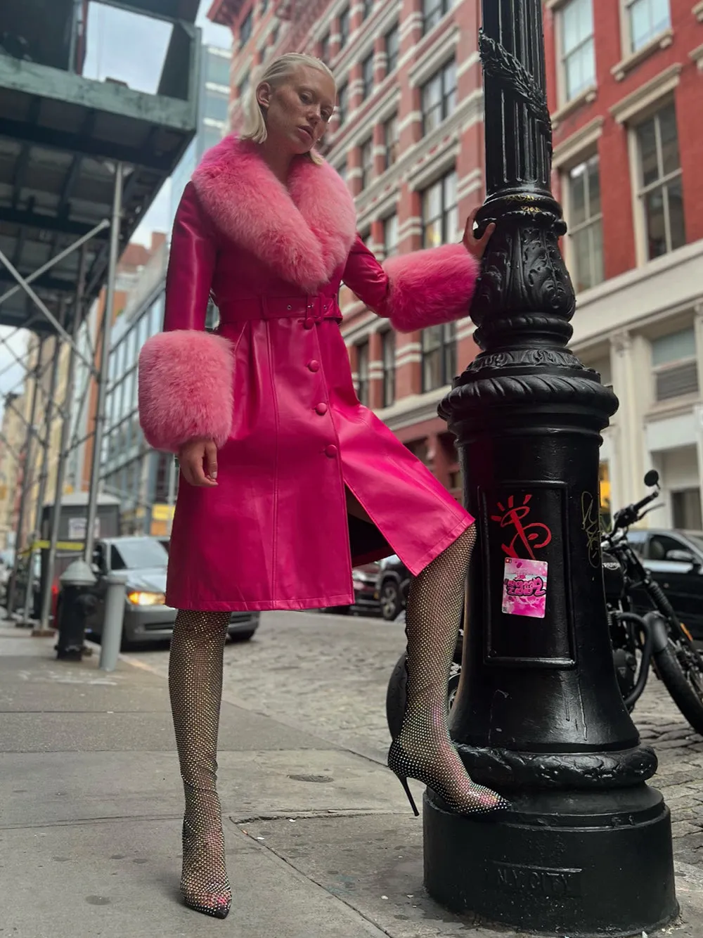 Foxy Leather Coat w/ Fox Fur In Fuchsia