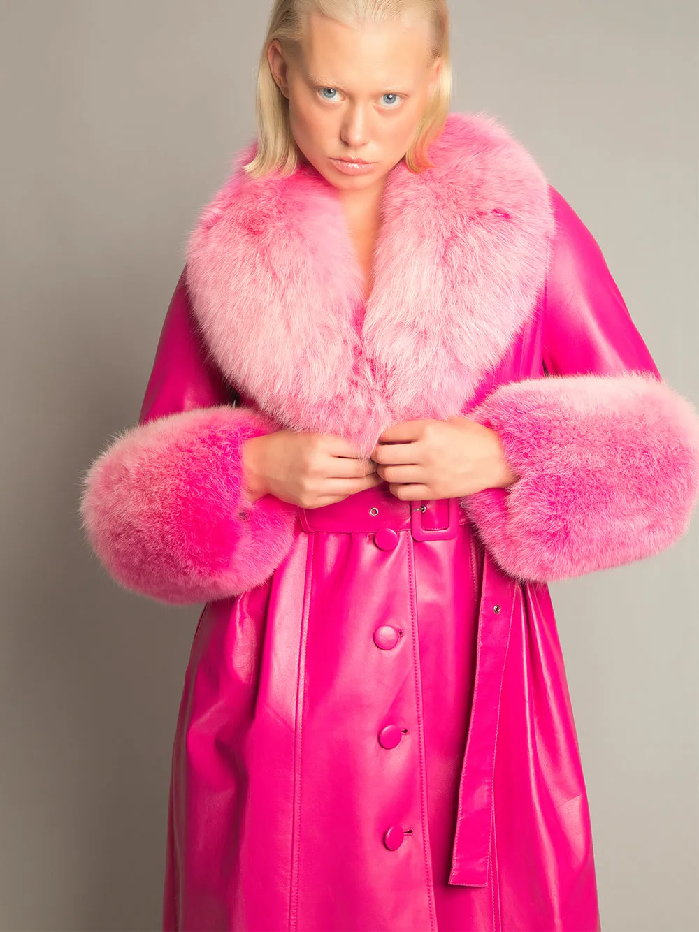 Foxy Leather Coat w/ Fox Fur In Fuchsia