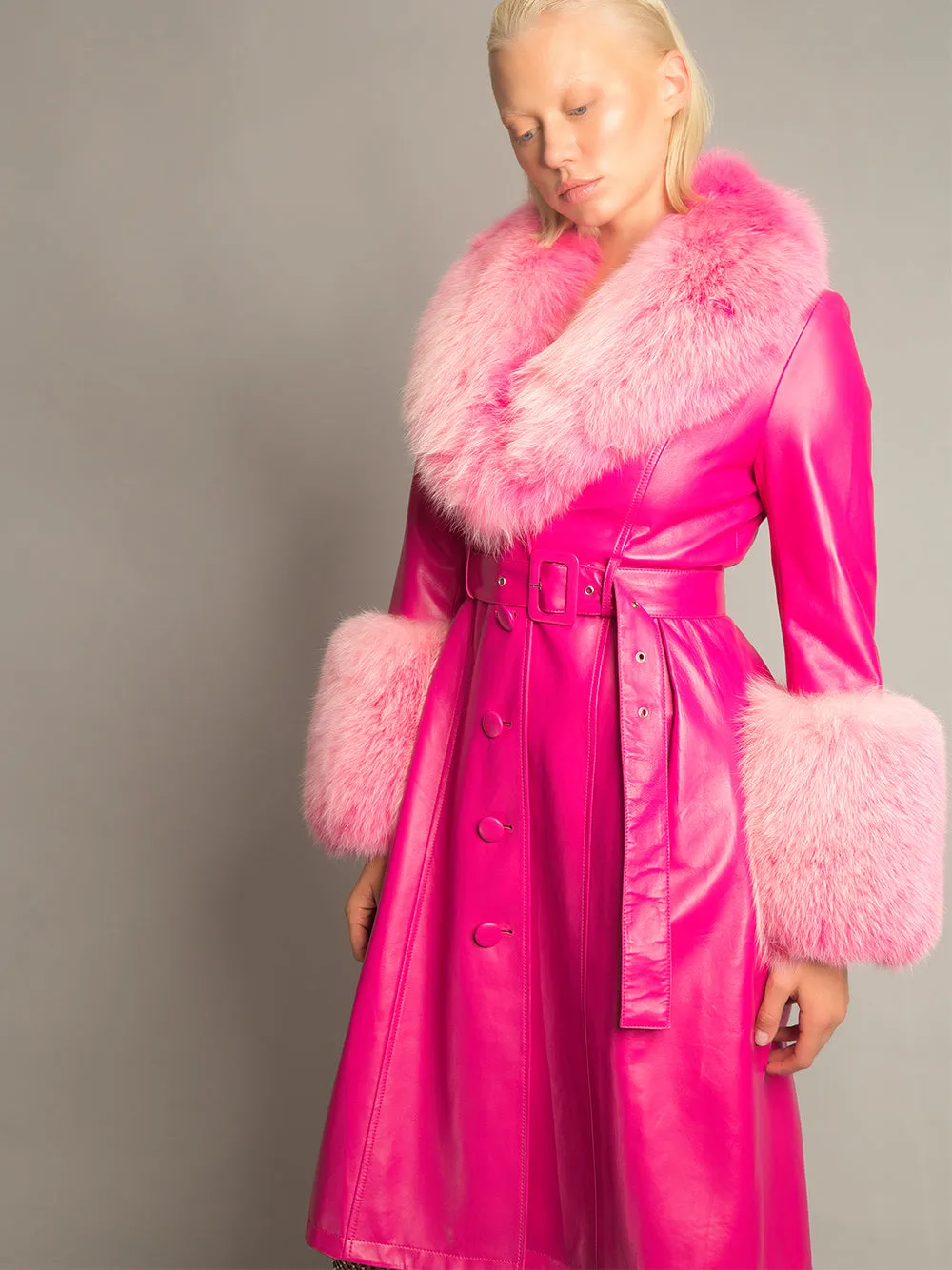 Foxy Leather Coat w/ Fox Fur In Fuchsia