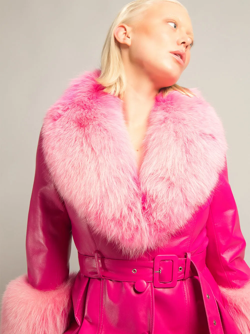 Foxy Leather Coat w/ Fox Fur In Fuchsia