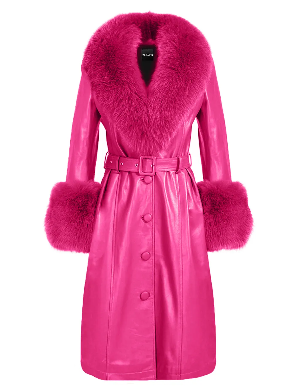 Foxy Leather Coat w/ Fox Fur In Fuchsia