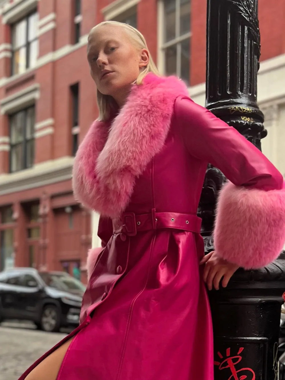 Foxy Leather Coat w/ Fox Fur In Fuchsia