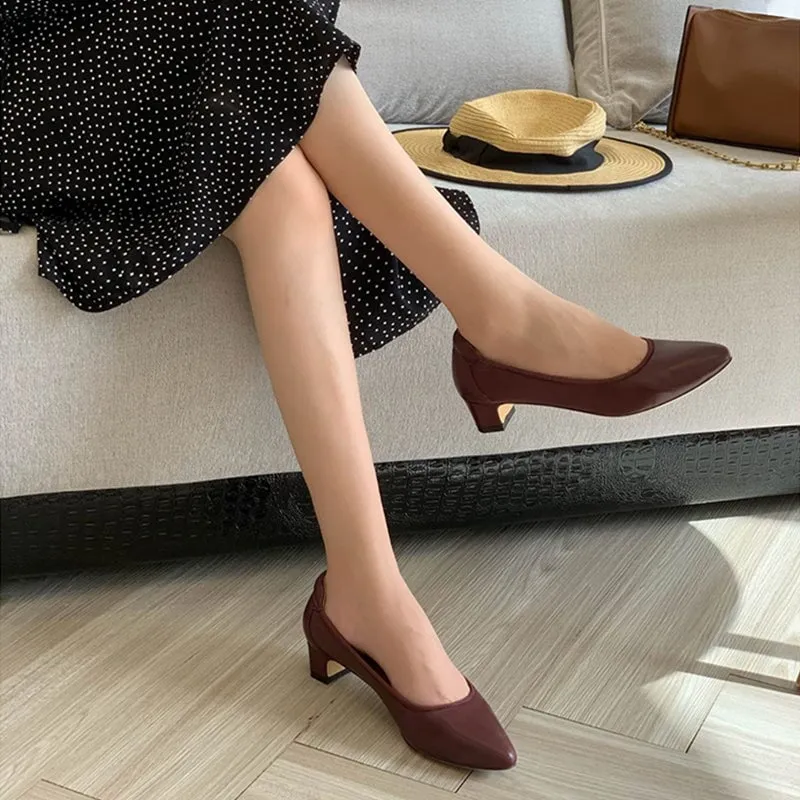 Handmade Genuine Leather Pumps In Red/Black/Nude Fashion Style Block Heels