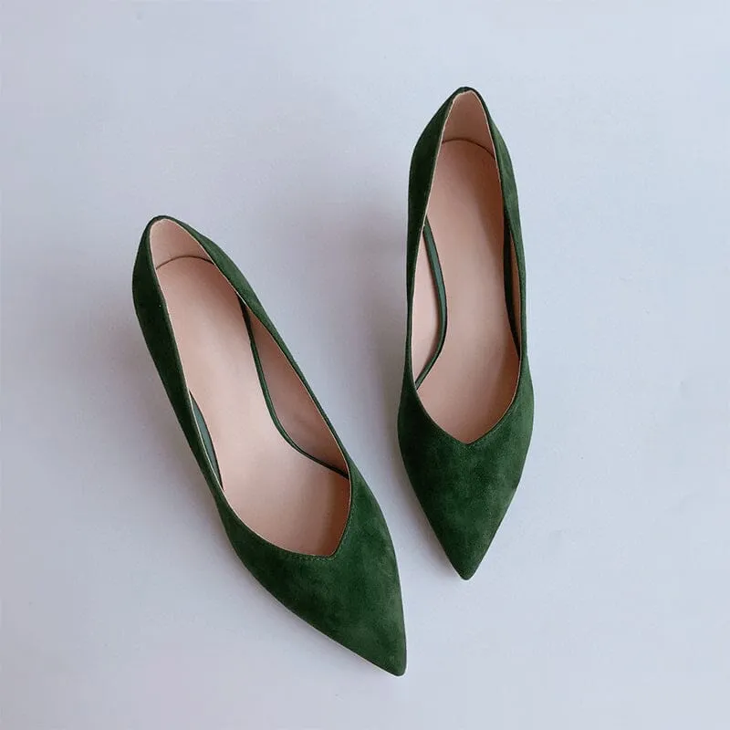 Handmade Sheepskin Kitty Heel Pumps In Green/Black/Grey/Apricot/Green2 Fashion Style