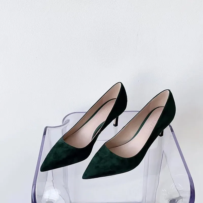 Handmade Sheepskin Kitty Heel Pumps In Green/Black/Grey/Apricot/Green2 Fashion Style