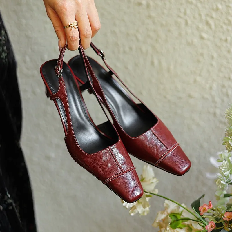 Leather Almond Toe 60mm Block Heel Sandals Slingback Pumps in Red/Black/Beige