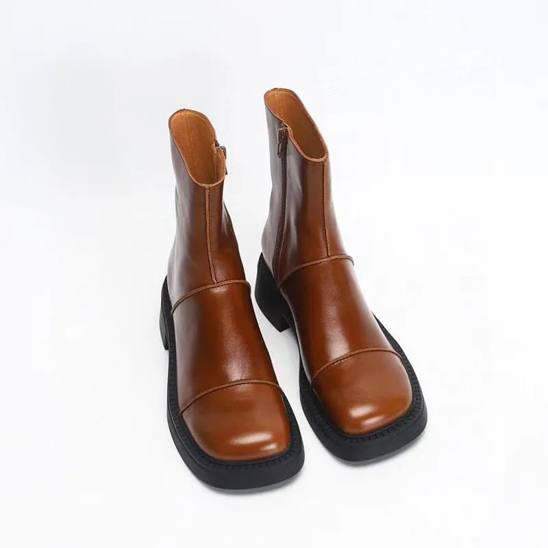 Leather Chelsea Boots Retro Square Toe Platform Ankle Boots Slimming Boots in Brown/Black