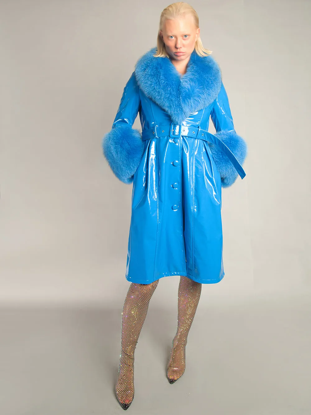 Patent Leather Coat w/ Fox Fur In Blue