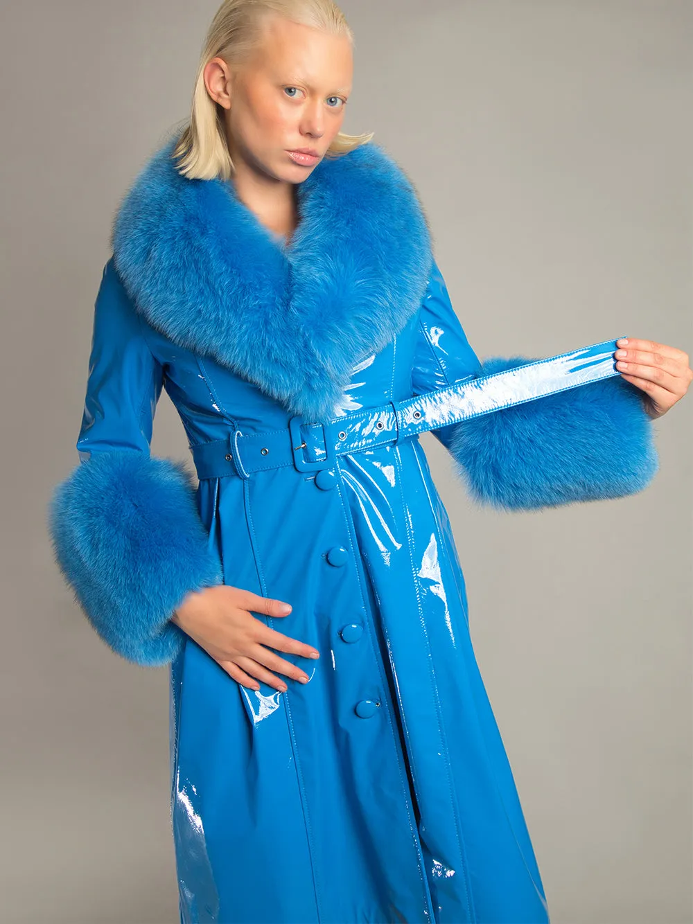 Patent Leather Coat w/ Fox Fur In Blue