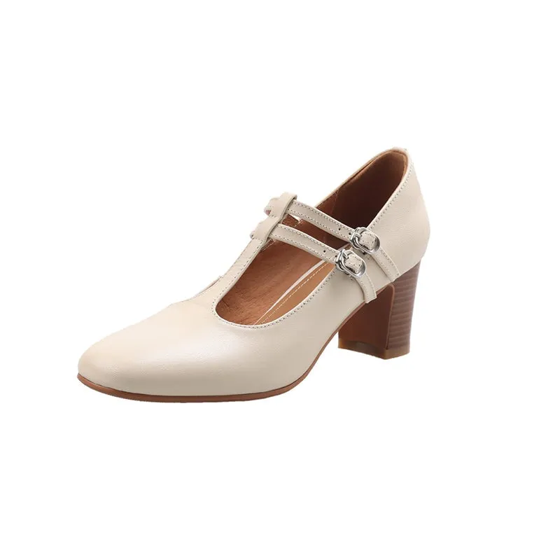 Round Toe T Strap Mary Jane Shoes 60mm Block Heel in Beige/Brown/Apricot