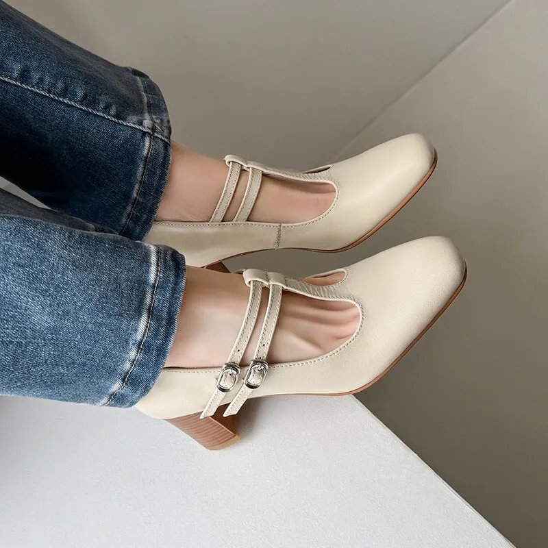 Round Toe T Strap Mary Jane Shoes 60mm Block Heel in Beige/Brown/Apricot