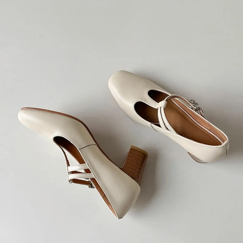 Round Toe T Strap Mary Jane Shoes 60mm Block Heel in Beige/Brown/Apricot