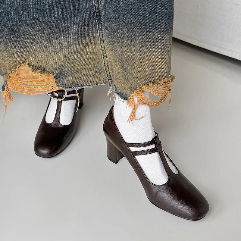 Round Toe T Strap Mary Jane Shoes 60mm Block Heel in Beige/Brown/Apricot