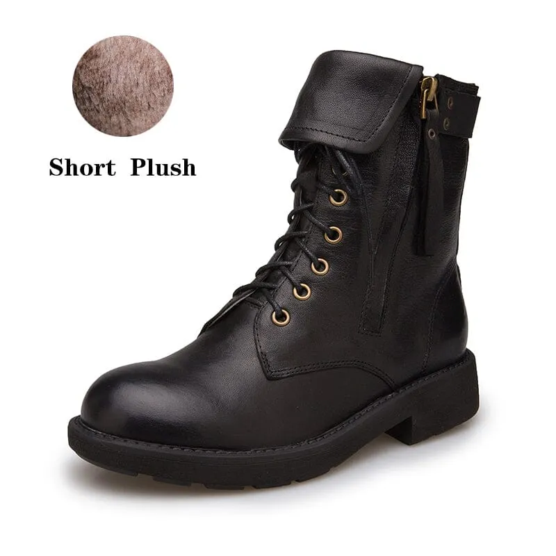 Sheepskin Combat Boots Designer Retro Chunky Riding Boots Punk Style Side Zip Coffee/Black