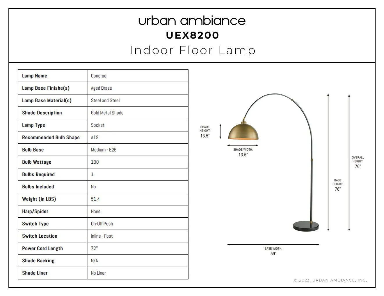 UEX8200 Mid-Century Modern Floor Lamp 59''W x 15''D x 76''H, Aged Brass Finish, Concord Collection