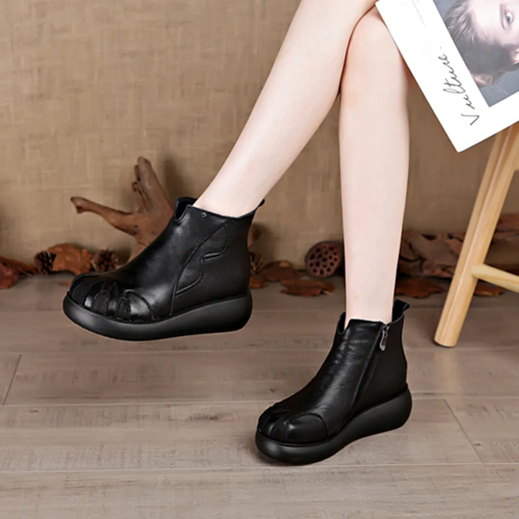 Winter Thick-Bottom Retro Wedge Velvet women's Boots Leather