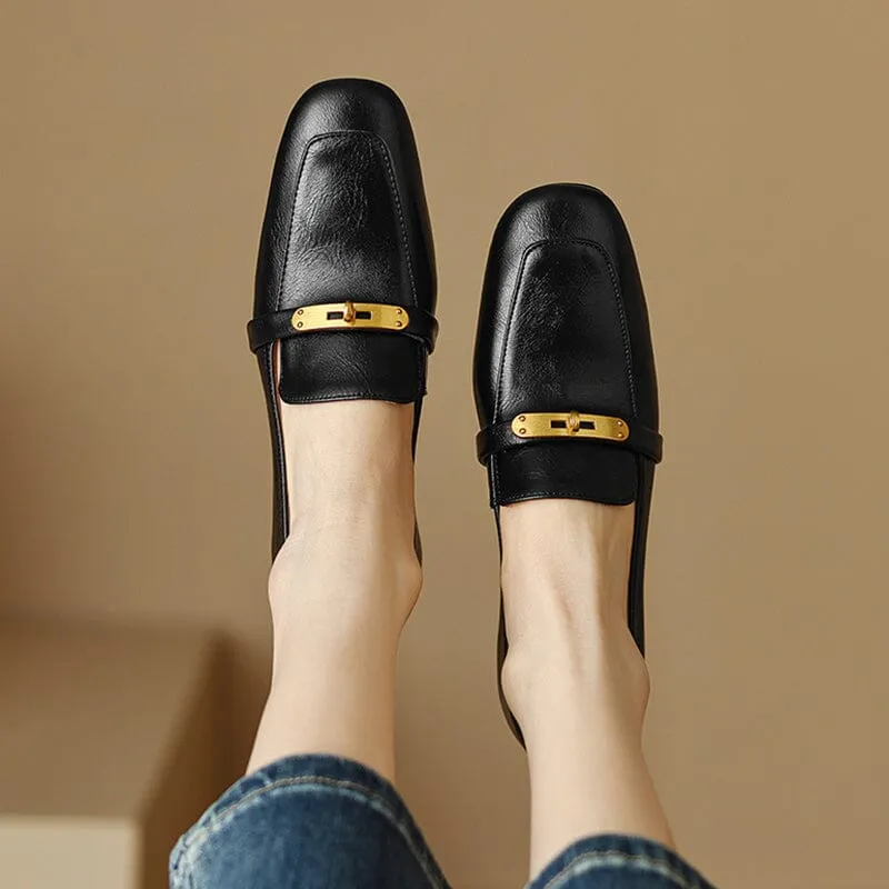 Women's Handmade Square-Toe Block-Heel Loafers in Black/Brown