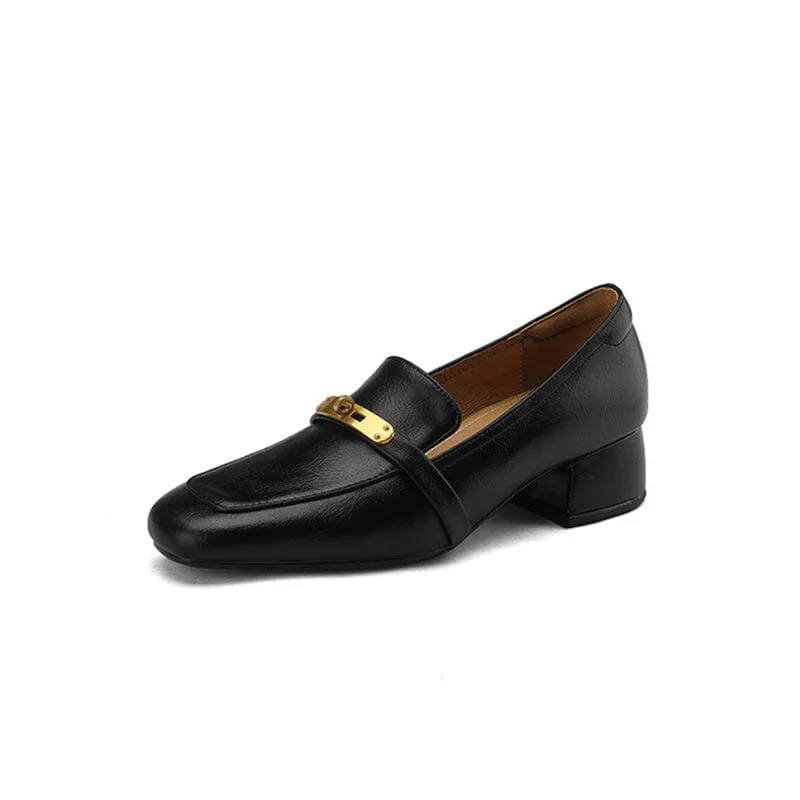 Women's Handmade Square-Toe Block-Heel Loafers in Black/Brown