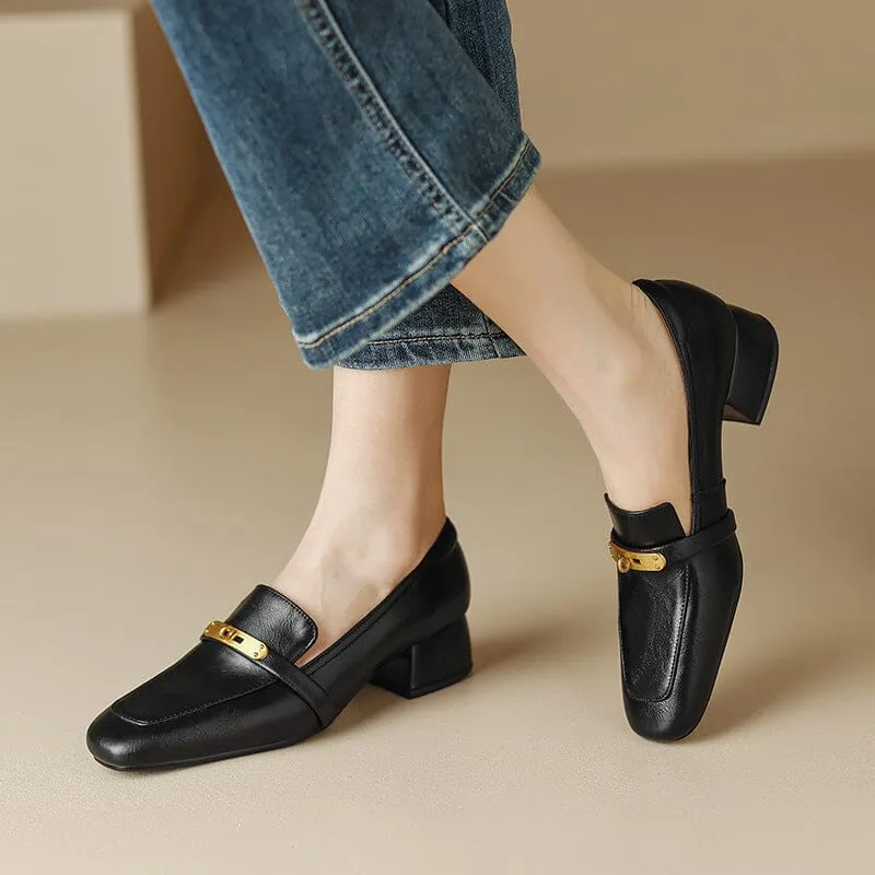 Women's Handmade Square-Toe Block-Heel Loafers in Black/Brown